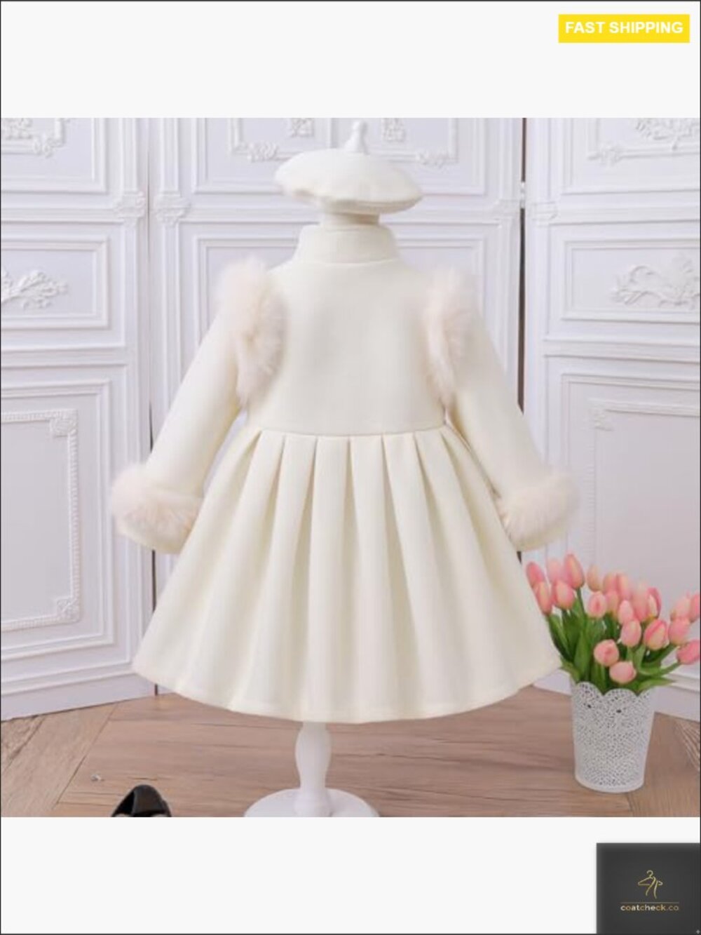 Toddler Double Breasted Faux Fur Dress Coat Peacoat Elegant Birthday Outfit - Picture 2 of 7